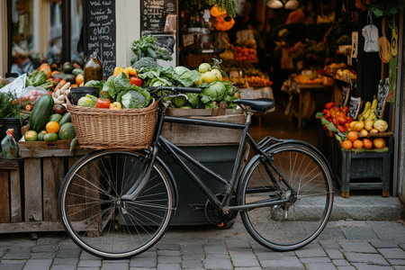 Bicycle with basket full of fresh vegetables on the street market in Paris, Franceの素材