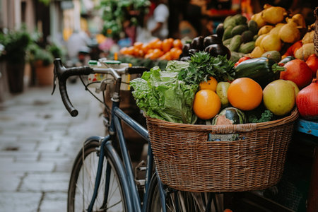 Fruits and vegetables in the basket on the bicycle. Healthy lifestyle.の素材