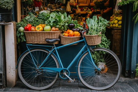 Bicycle with basket of fresh vegetables on the street in Istanbul, Turkeyの素材