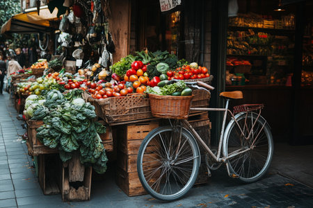 Bicycles with fresh vegetables on the street in Paris, Franceの素材