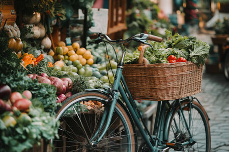 Bicycle with basket of fresh vegetables on the street market in Italyの素材