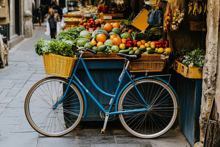 Fresh fruits and vegetables in a basket on the street in Istanbul, Turkeyの素材