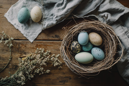 Easter eggs in nest on wooden table. Rustic style.の素材