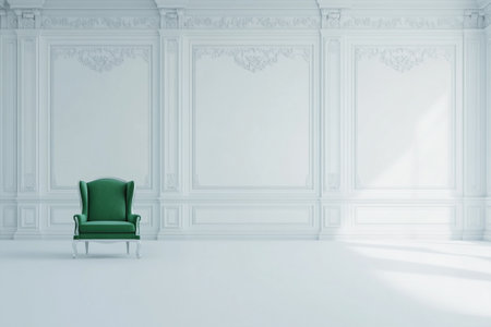 Classic white interior with green armchair. 3d render illustration mock upの素材