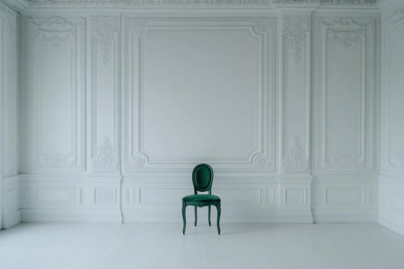 Classic green chair in a room with white walls and moldings.の素材