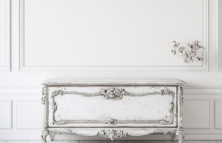 Classic interior of white room with old wooden furniture. 3d render illustrationの素材