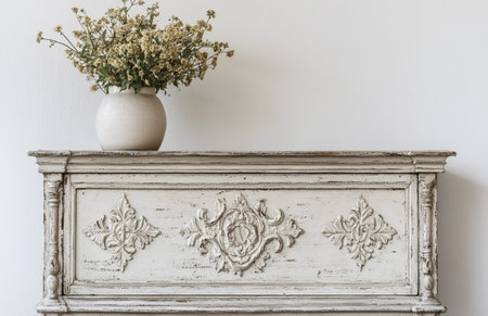 Vintage white chest of drawers with a vase of flowersの素材