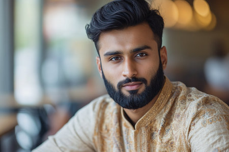 Portrait of handsome bearded Indian man looking at camera while sitting in cafeの素材
