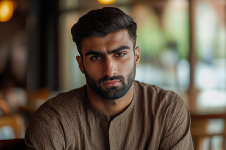 Portrait of a young indian man looking at camera in cafeの素材