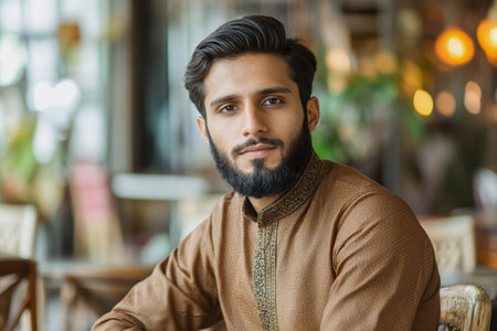 Portrait of handsome bearded Indian man sitting in cafe and looking at cameraの素材