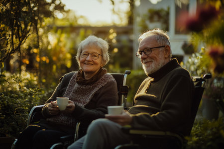 Elderly couple sitting on a wheelchair in the garden at sunsetの素材