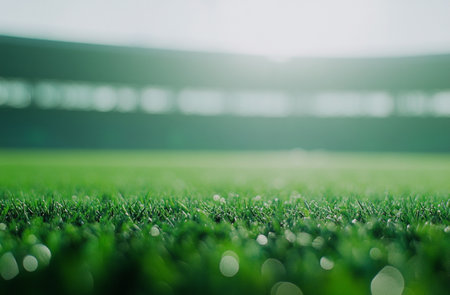 Soccer field with green grass and bokeh lights. Abstract background.の素材