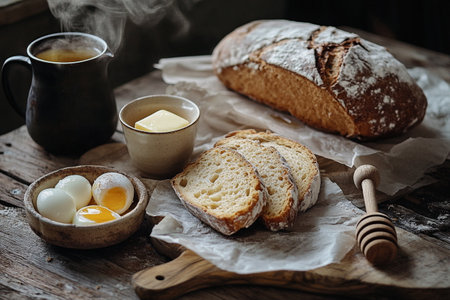 Breakfast with bread, eggs, butter and milk on wooden tableの素材