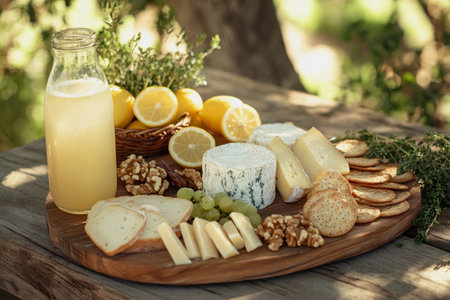 Cheese platter with different types of cheese, lemon, grapes and crackersの素材