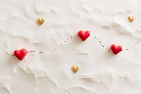 Red hearts on white paper background. Valentine's day concept. Flat lay, top viewの素材