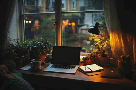 Laptop computer with coffee cup on wooden table on tropical beach.の素材