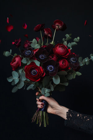 beautiful bouquet of red flowers in woman hand on black backgroundの素材