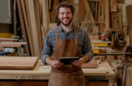Portrait of a young carpenter using digital tablet in his workshopの素材