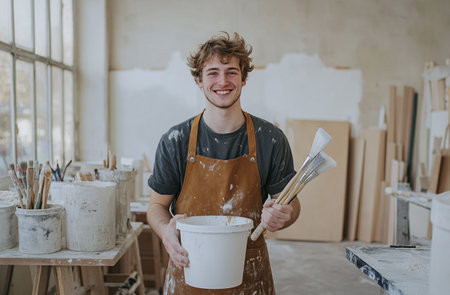 young male artist in apron with brush and paint bucket in pottery studioの素材