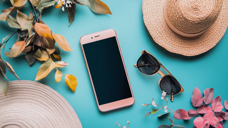 Top view of smartphone with sunglasses, hat and flowers on blue backgroundの素材
