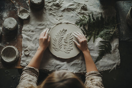 Hands of a potter, creating an earthenware on the pottery wheelの素材