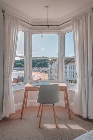 Interior of a hotel room with a table and chairs on the beachの素材