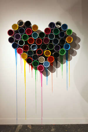 Artwork in Mr Brainwashs first UK solo show at The Old Sorting Office in Londonのeditorial素材