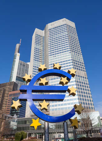 The Euro sign outside the European Central Bank in Frankfurt am Main. The European Central Bank is one of the worldのeditorial素材