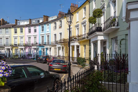 Victorian terraced houses neatly painted in pastel coloursのeditorial素材
