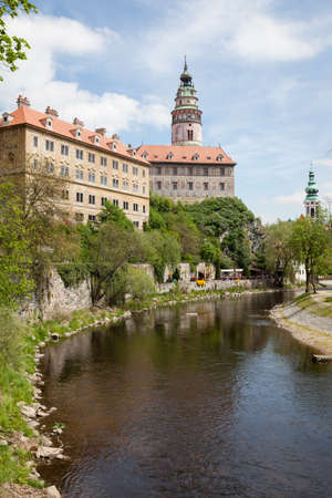 Beautiful view of the bell tower in the historic town of Cesky Krumlov, Czech republicのeditorial素材
