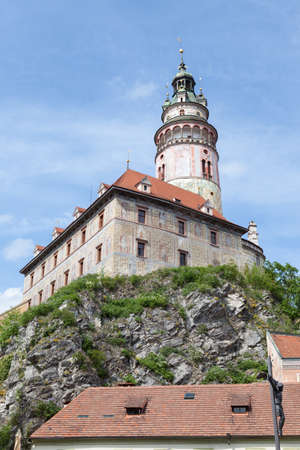 Beautiful view of the bell tower in the historic town of Cesky Krumlov, Czech republicのeditorial素材