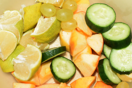 Asian Food Plate. Fruit, Vegetables, Salad Servingの写真素材