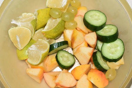 Asian Food Plate. Fruit, Vegetables, Salad Servingの写真素材