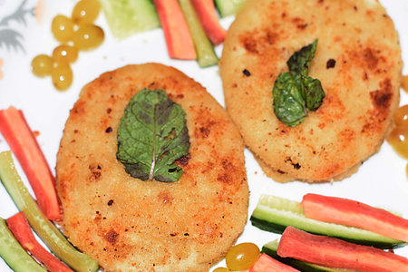 Asian Food Plate. Burger, Vegetables, Fruit, Salad Servingの写真素材