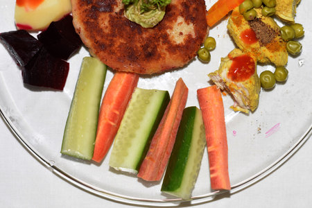 Asian Food Plate. Burger, Meat, Vegetables, Salad Servingの写真素材