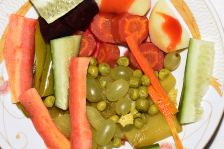 Asian Food Plate. Fruit, Vegetables, Salad Servingの写真素材
