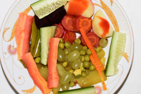 Asian Food Plate. Fruit, Vegetables, Salad Servingの写真素材