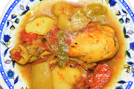 Asian Food Plate. Chicken, Vegetables, Curry Servingの写真素材