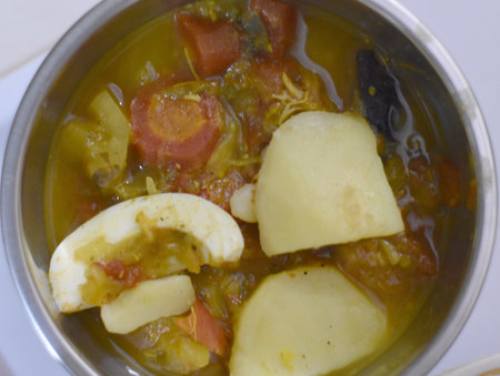 Asian Food Plate. Meat, Egg, Vegetables, Stew, Main Course Servingの写真素材