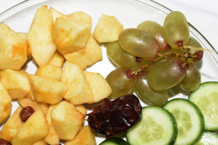 Asian Food Plate. Fruit, Vegetable, Whole Grain Cereal, Breakfast Servingの写真素材