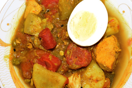 Asian Food Plate. Egg, Chicken, Vegetables, Main Course Servingの写真素材