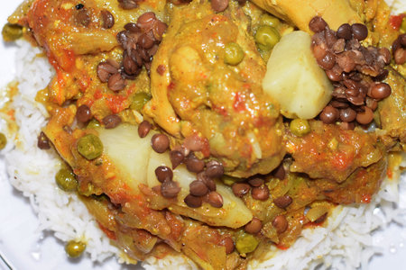 Asian Food Plate. Chicken Pilaf, Pulse, Vegetables, Main Course Servingの写真素材