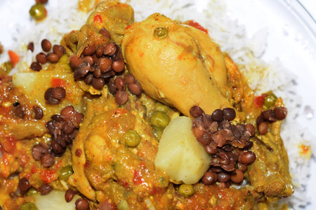 Asian Food Plate. Chicken Pilaf, Pulse, Vegetables, Main Course Servingの写真素材