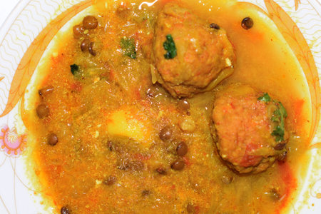 Asian Food Plate. Chicken Kofta, Pulse, Vegetables, Curry, Main Course Servingの写真素材