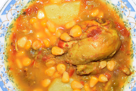 Asian Food Plate. Chicken, Vegetables, Corns, Main Course Servingの写真素材