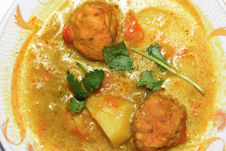 Asian Food Plate. Chicken Kofta, Vegetables, Curry, Main Course Servingの写真素材