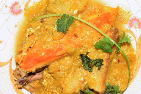 Asian Food Plate. Chicken Tikka, Vegetables, Curry, Main Course Servingの写真素材