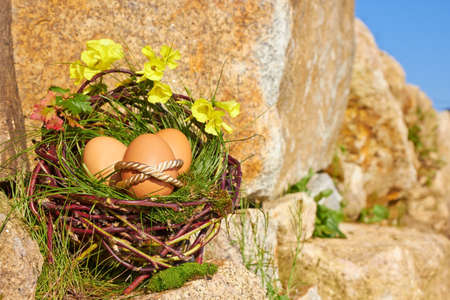 Easter eggs in brown basket on a rockの写真素材