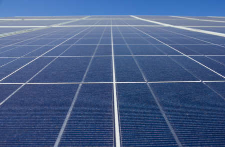 Solar panel close up against a blue skyの写真素材