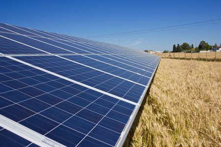 Solar Panels in a gold fieldの写真素材